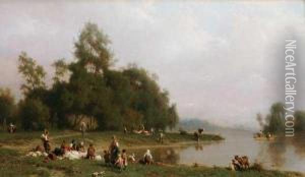 ''laundresses At The Riverbank'' Oil Painting - Karl Girardet
