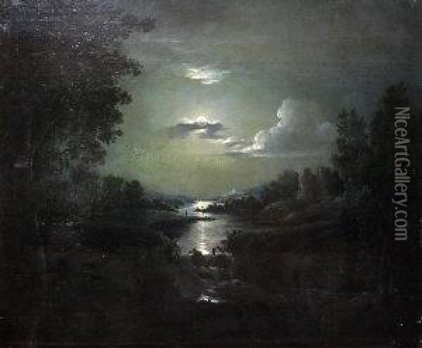 Moonlit River Landscape With Ruins Oil Painting - Abraham Pether