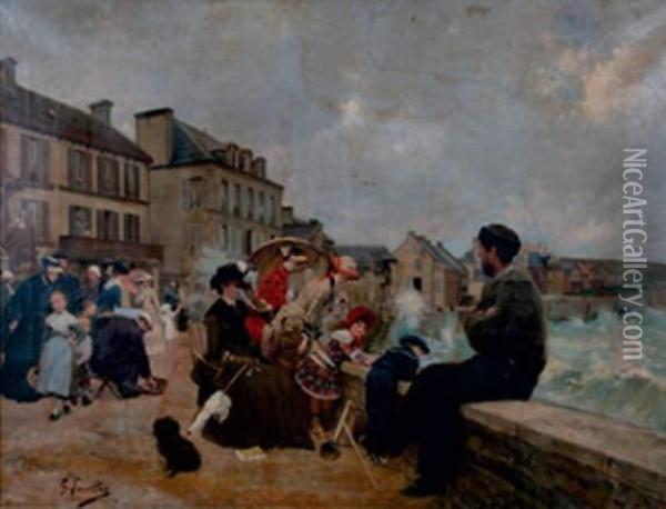 Arromanches, La Digue Animee Oil Painting - Gustave Francois Lasellaz