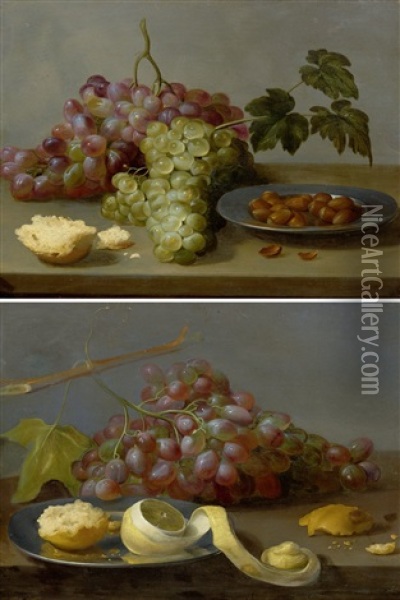 Pair Of Works: Still Life With Grapes And Hazel Nuts On A Table/still Life With Grapes, A Lemon And Bread On A Table Oil Painting - Jacob Foppens van Es (Essen)