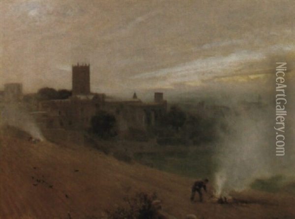 Bonfires At Dusk Oil Painting - Albert Goodwin
