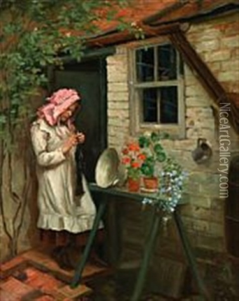 A Young Girl Standing In A Doorway Knitting Oil Painting - Hans Andersen Brendekilde