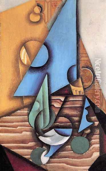 Bottle And Glass On A Table Oil Painting - Juan Gris