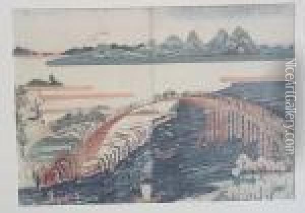 Bogenbrucke Uber Einen Fluss Mitreicher Figurenstaffage Und Fujijama- Oil Painting - Utagawa or Ando Hiroshige