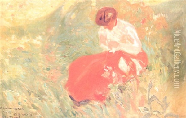 Dama Cosiendo En El Jardin Oil Painting - Baldoremo Gili y Roig
