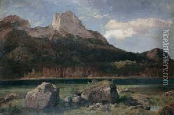 Am Hintersee Bei
 Berchtesgaden.

 Monogrammiert Unten Rechts: S.

 Ol Auf Karton. H 45,5; B 67 Oil Painting - Johann Wilhelm Schirmer