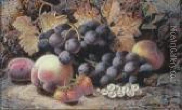 Black Grapes, Peaches, Strawberries, White Currants And A Plum Against A Mossy Bank Oil Painting - Oliver Clare