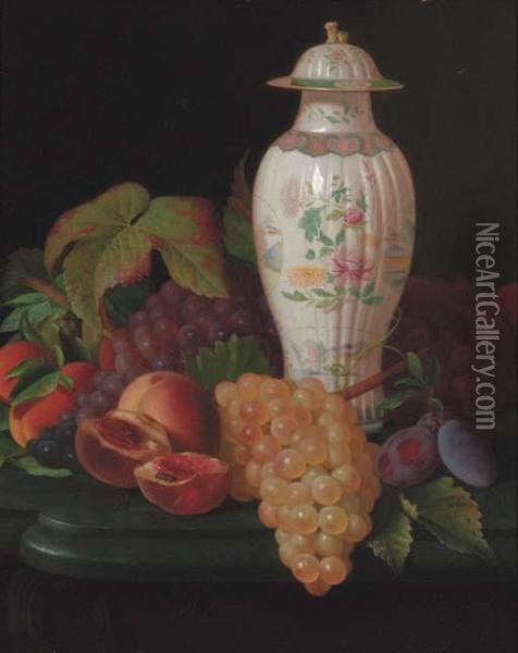 A Famille Rose Vase With Grapes, Peaches, Plums And Apricots On Atable Oil Painting - Antione Henault