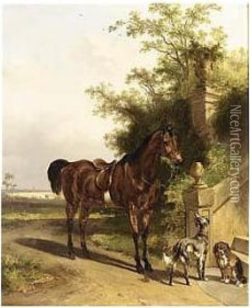 A Horse And Two Dogs In A Park Oil Painting - Wouterus Verschuur