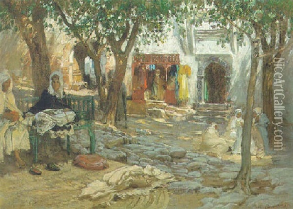 Idle Moments, An Arab Courtyard Oil Painting - Frederick Arthur Bridgman