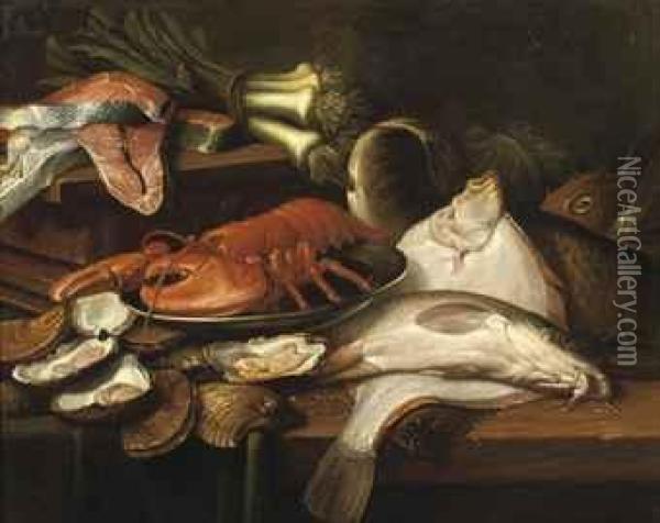 A Pike, A Plaice, A Lobster On A
 Tin Plate, Oysters, Leek Andsalmon, All On A Wooden Table Oil Painting - Frans Snyders