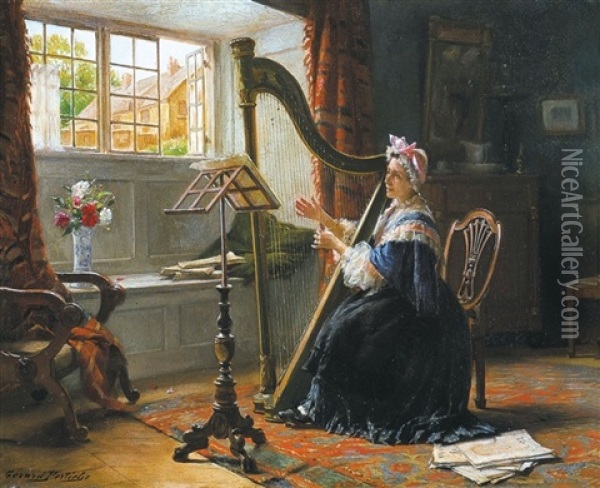 De Harpspeelster - La Harpiste Oil Painting - Gerard Jozef Portielje