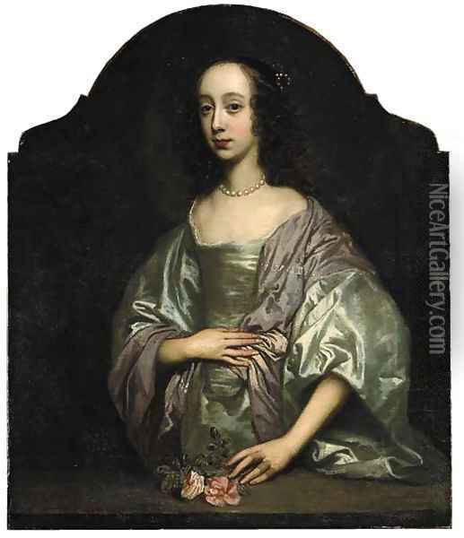 Portrait of a lady, three-quarter-length, in a grey dress and mauve wrap Oil Painting - Sir Peter Lely