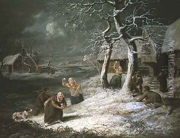 Peasants Snowballing, c.1790 Oil Painting - James Ward