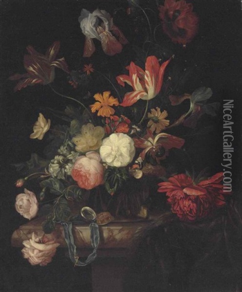 Roses, Tulips, Irises And Other Flowers In A Glass Vase, With An Open Pocket Watch And Key, On A Marble Ledge Oil Painting - Ernst Stuven