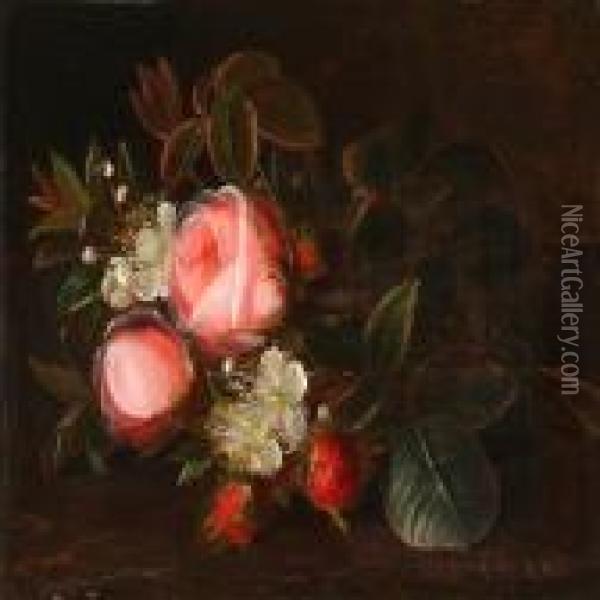 A Bouquet Of Pink Rosesand Hawthorn On A Table Oil Painting - Johan Laurentz Jensen