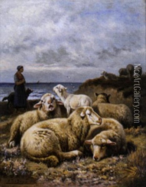 Schapenhoedster Met Kudde Aan De Zee Oil Painting - Henri De Beul