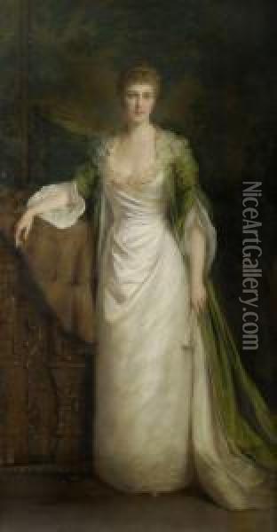 Portrait Of A Lady, Full Length Holding A Fan Oil Painting - Ellis William Roberts