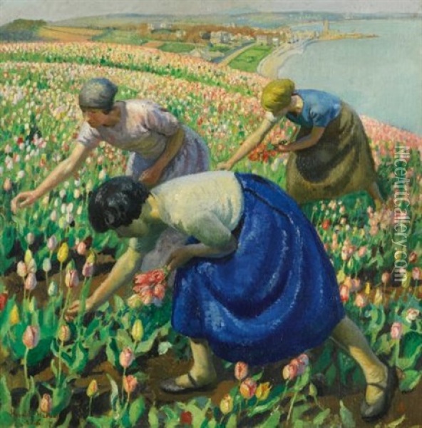 Tulip Pickers Oil Painting - Harold Harvey