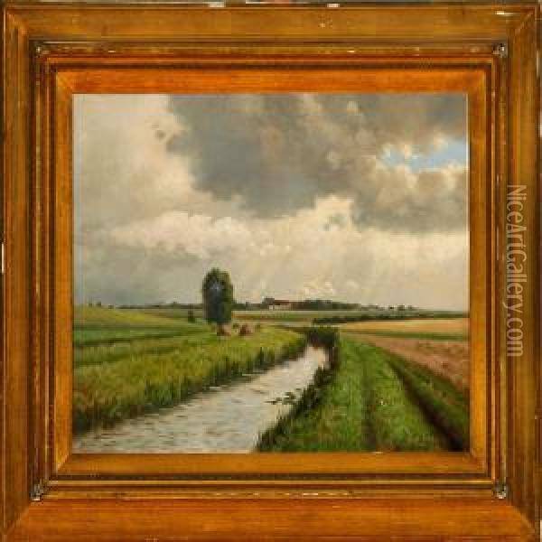 Danish Summer Landscapewith A Stream Oil Painting - A. G. Jacobsen