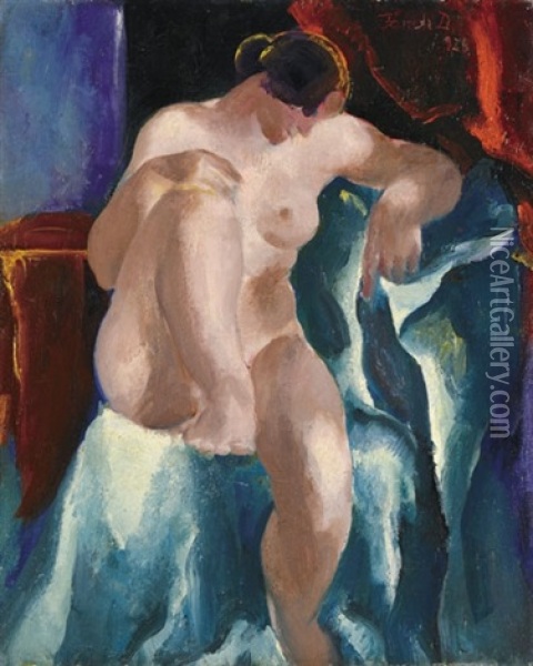 Nude In Front Of A Red Lambrequin Oil Painting - David Jandi