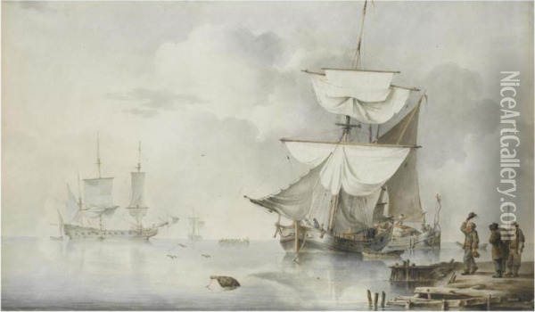 Ships At Anchor On A Calm Sea Oil Painting - Leendert de Koningh