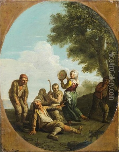 Figures Dancing And Merrymaking (+ Figures Drinking Before A Country Inn; Pair) Oil Painting - Paolo Monaldi