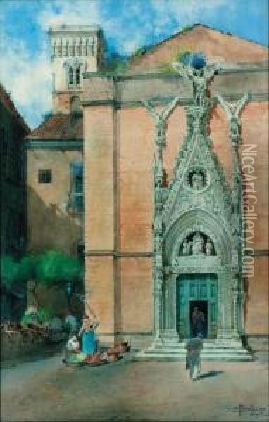Figures Before A Church, Naples Oil Painting - Salvatore Petruolo