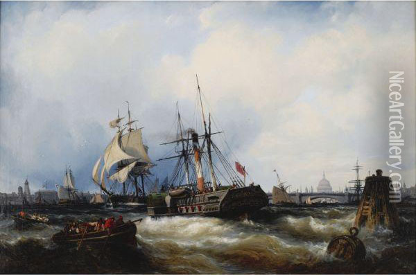 A Paddle Steamer Clearing Her Mooring On The Thames Oil Painting - Edwin Hayes