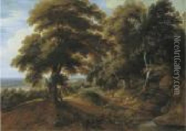 A Wooded Landscape With Elegant Figures On A Path Oil Painting - Jaques D'Arthois
