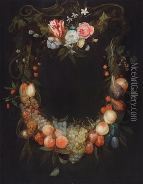 Eine Blumen- Und Fruchtegirlande Um Eine Kartusche Oil Painting - Catharina Ijkens