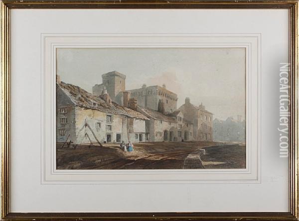Village Street With Castle Behind Oil Painting - John Varley
