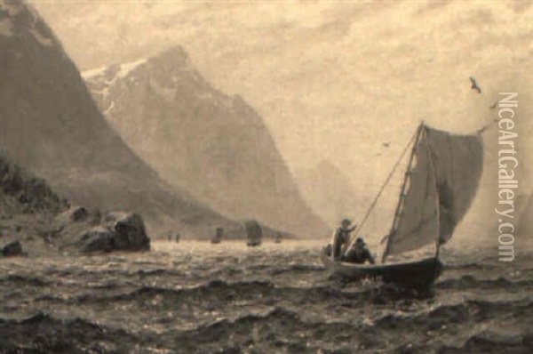 A Fjord Scene With Two Figures In A Sailing Dinghy Oil Painting - Hans Dahl