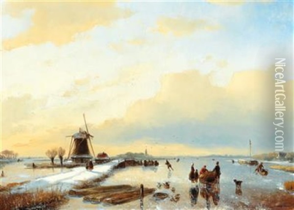 Winter Canal Landscape With Skaters Oil Painting - Jan Jacob Spohler