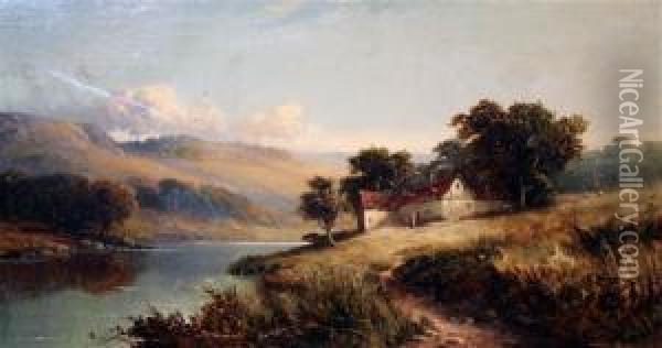 River Landscape With Cottage On The Bank Oil Painting - Tom Seymour