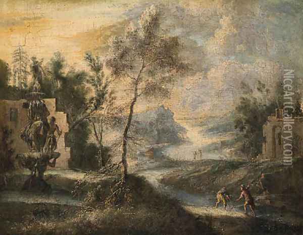 A River Landscape with Fisherman on a Bank near a Fountain Oil Painting - Marco Ricci