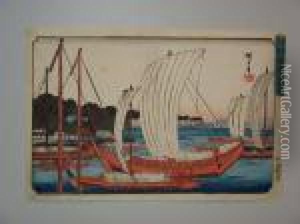 Les Bateaux Entrant Dans Un Port Oil Painting - Utagawa or Ando Hiroshige