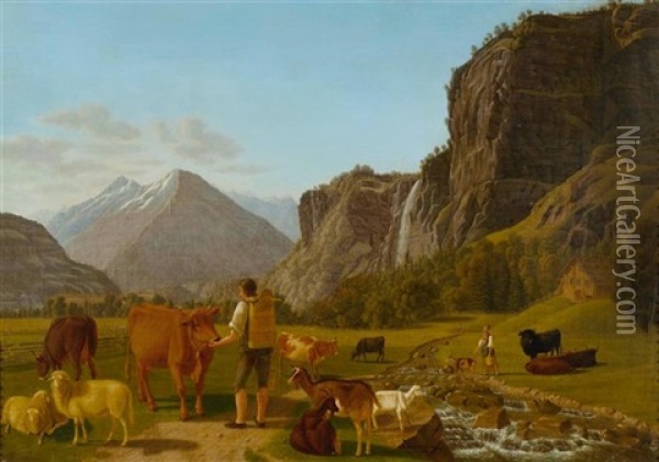 Hirte Mit Tieren Beim Reichenbachfall Hasliberg Oil Painting - Emanuel Rudolf Biedermann