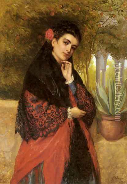 A Spanish Beauty in a Red and Black Lace Shawl Oil Painting - John Bagnold Burgess