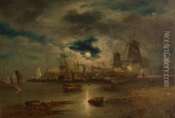 Busy East Anglian Harbour Scene Oil Painting - William Henry Crome