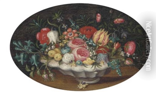 Tulips, Roses, Morning Glory And Other Flowers In A Bowl On A Table Oil Painting - Ambrosius Bosschaert the Elder