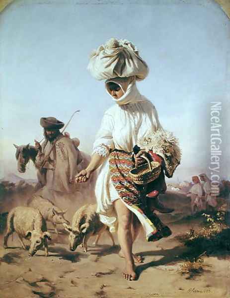 Peasant Girl Feeding Pigs, 1855 Oil Painting - Karoly Sterio