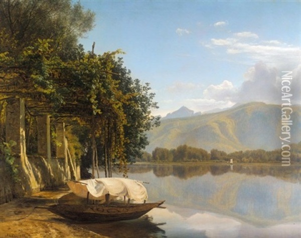 Lugano Soen Ved Pont Tresa (lake Lugano At Pont Tresa) Oil Painting - Janus la Cour