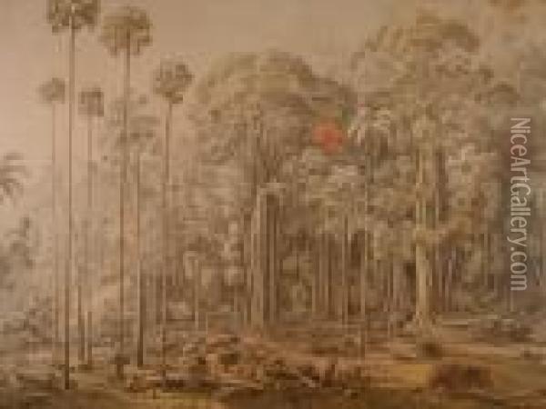Woodcutters In A Forest Clearing, Stylised Birds In A Jungle Clearing Oil Painting - Eugene von Guerard