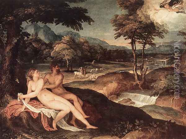 Landscape with Jupiter and Io Oil Painting - Lambert Sustris