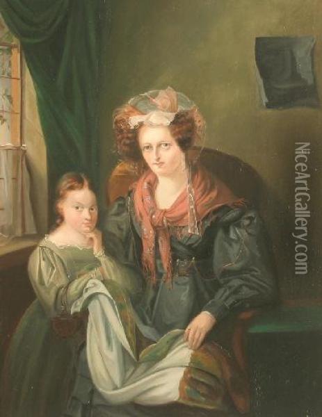 Portrait Einer Mutter Mit Tochter In Biedermeierkleidung Oil Painting - Friedrich August Herkendell