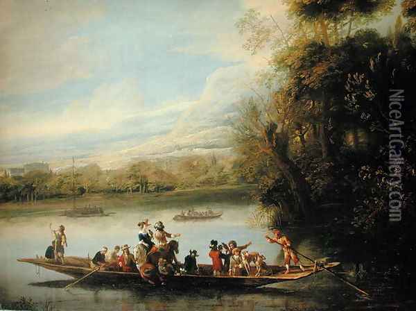 A landscape with a crowded ferry crossing the water in the foreground Oil Painting - Willem Schellinks