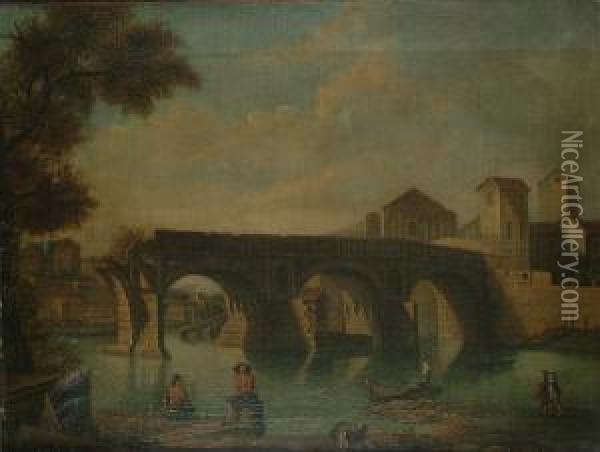 Figures By A Ruined Bridge In An Italian Town. Oil Painting - Thomas Patch