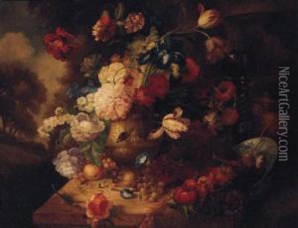 Flowers In An Urn By A Roemer And A Blue And White Dish On Apedestal In A Landscape Oil Painting - Jakob Bogdani Eperjes C