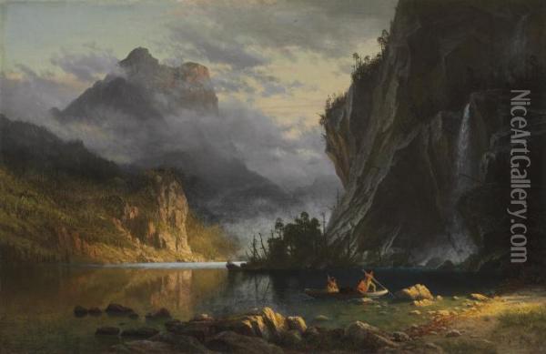 Indians Spear Fishing Oil Painting - Albert Bierstadt
